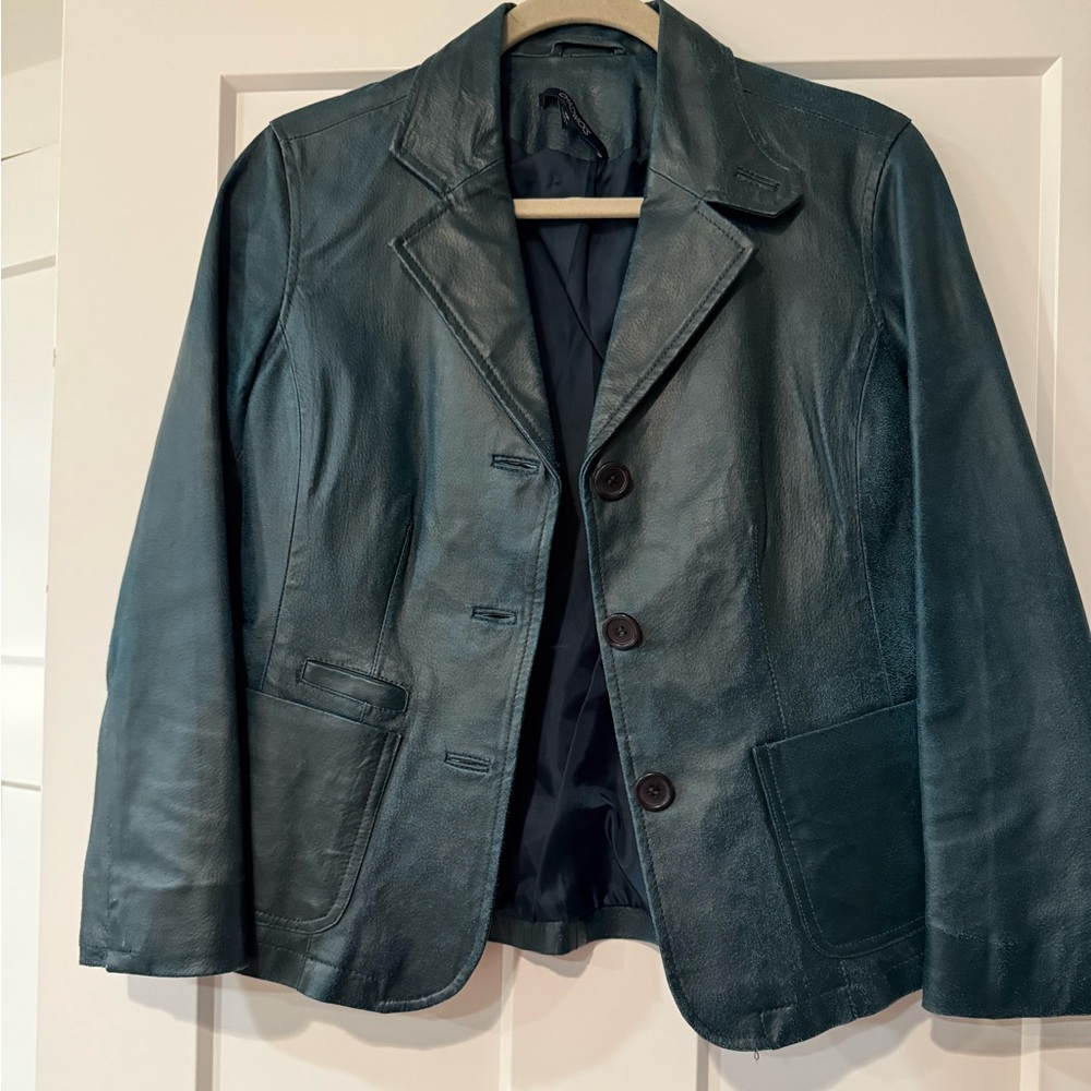 VTG 100% Genuine Leather Jacket Blazer 4P Women's Rustic Dark Blue